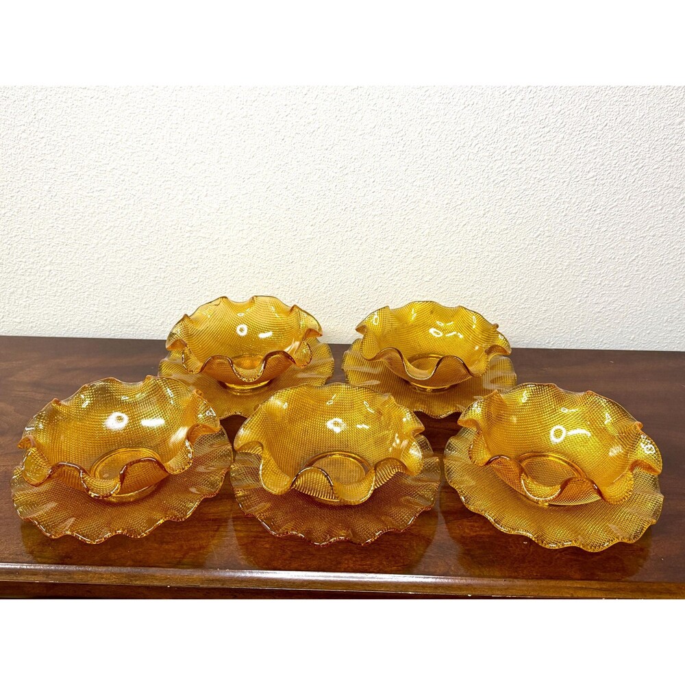 Vintage Amber Waffle Glass Dessert Set 10 Pc Ruffled Bowls Plates 1960s